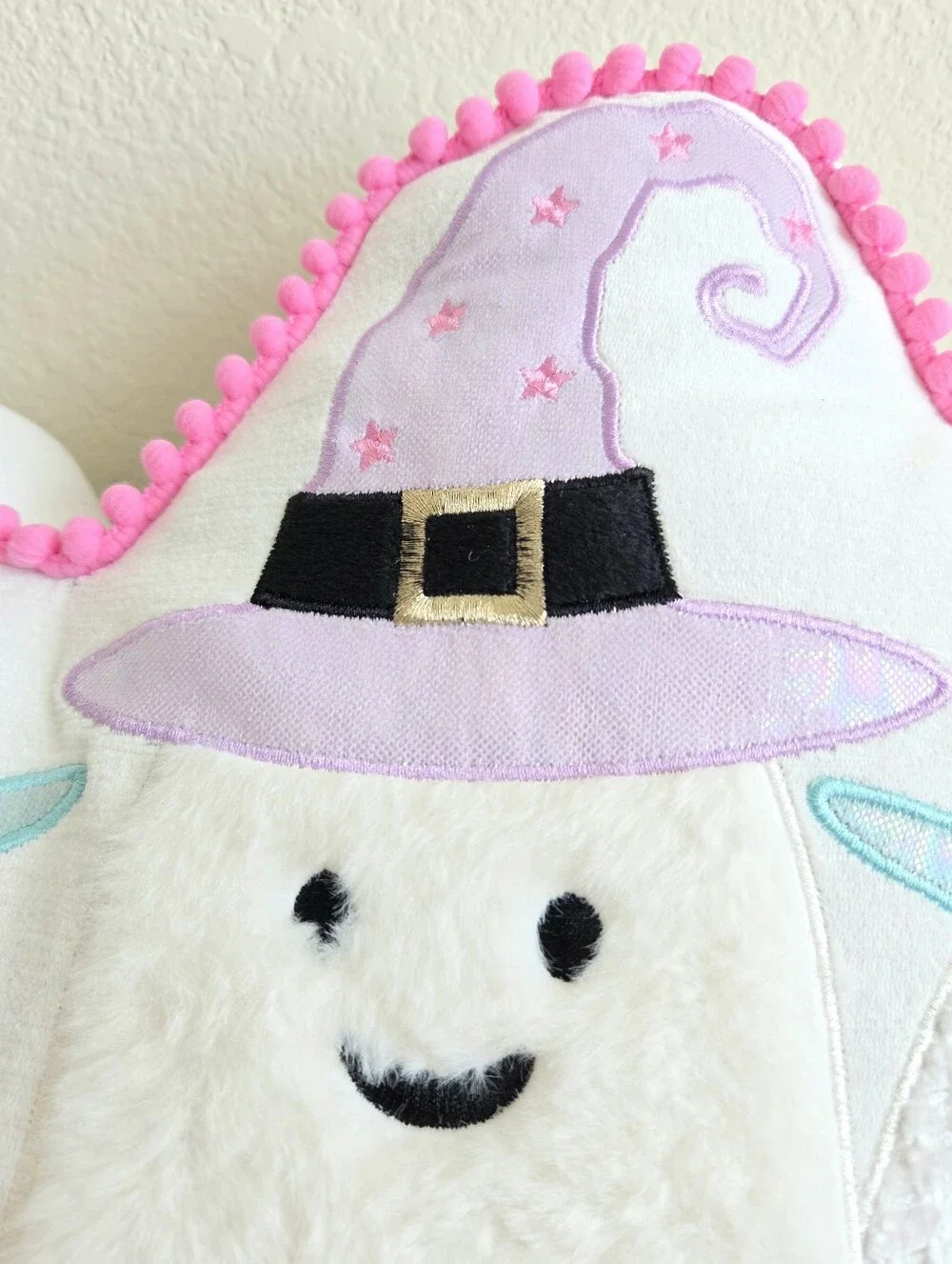 Halloween Decor Pillow SPOOKY Wizard Ghosts Pink Pom Pom Trim
